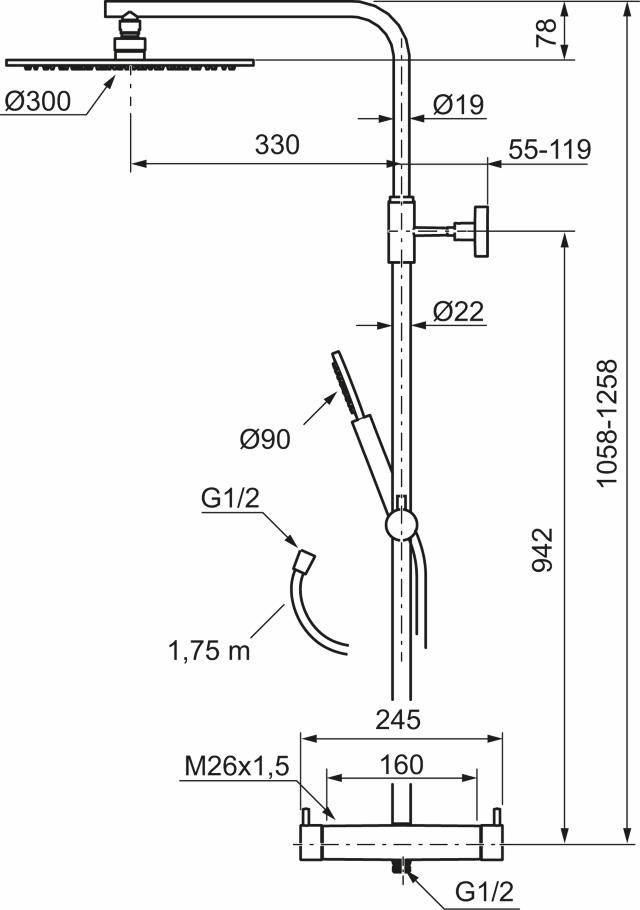 Mora 271800 INXX II duschsystem 160 c/c, förkromad