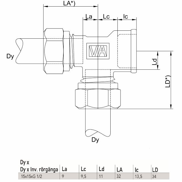 Vatette 1166 T-rör 15x15xR15 cu x cu x inv.g.